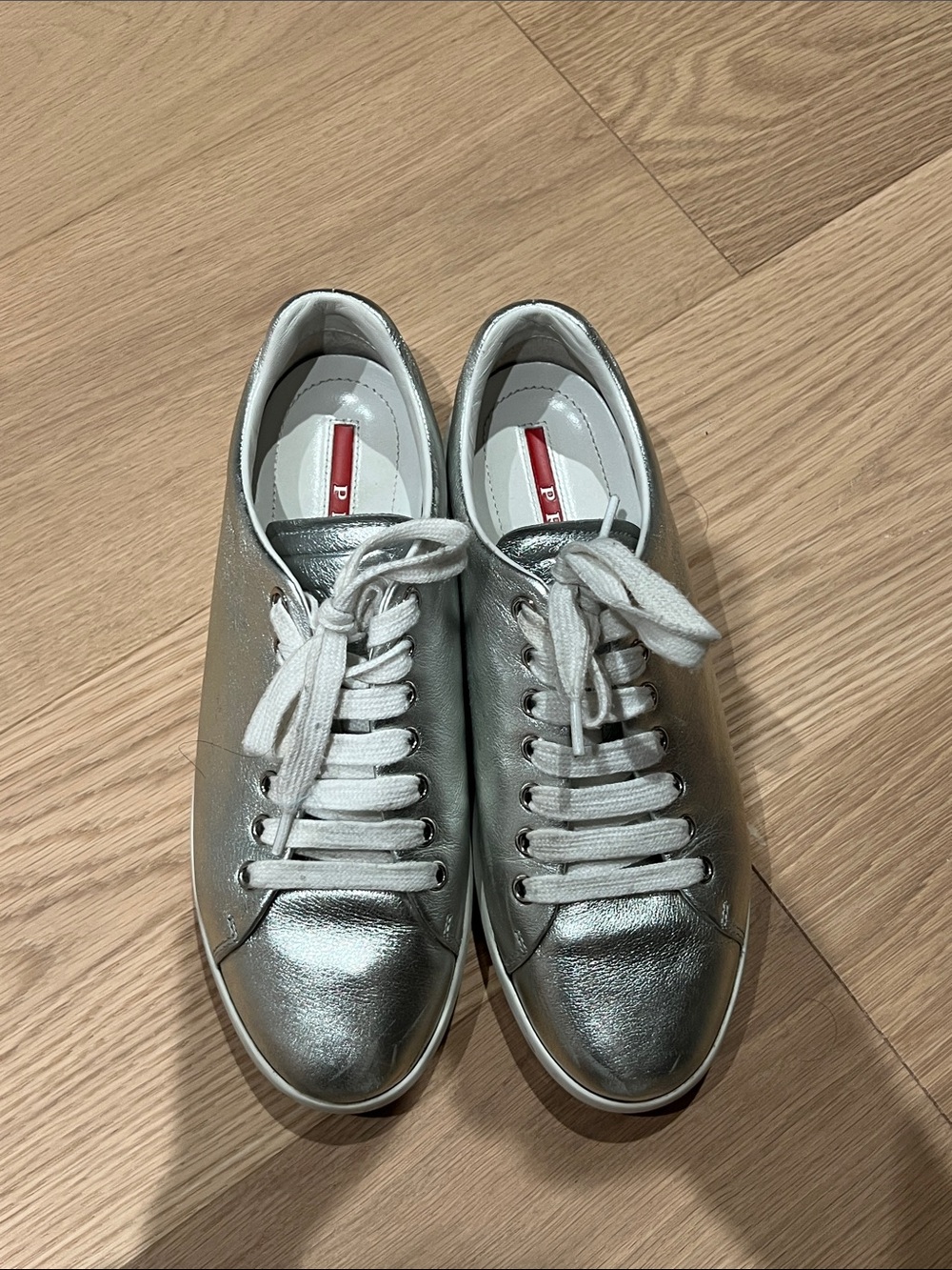 Prada Silver Metallic Leather Lace-Up Sneakers